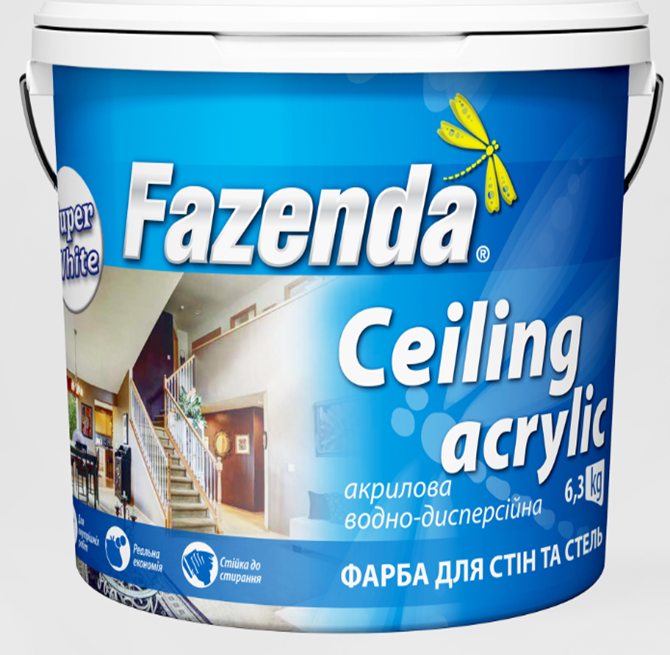 Фарба FAZENDA Ceiling acrylic акрилова, водно-дисперсійна, мат білий, 14кг